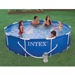 Intex 28201EH 10ft x 30in Metal Frame Round 4 Person Outdoor Above Ground Swimming Pool with Filter Pump and Pool Maintenance Kit