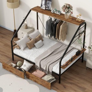 Streamdale Full Size Metal Frame Platform Bed with Clothes Rack, Storage Shelves and 2 Drawers, Black - 1 of 4