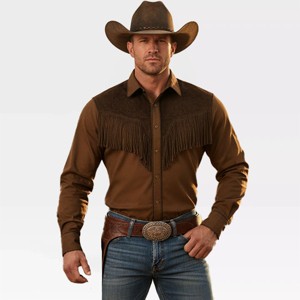 Men's Western Shirts Long Sleeve Suede Fringed Cowboy Shirts Casual Button Down Shirt Color Block Textured Cowboy Shirts - 1 of 4