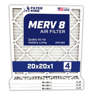 Filter King 20x20x1 Air Filter | 4-PACK | MERV 8 HVAC Pleated A/C Furnace Filters | MADE IN USA | Actual Size: 19.5 x 19.5 x .75" - 1 of 4