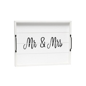HomeRoots 16" Black And White Mr. and Mrs. Serving Tray With Handles - 1 of 4