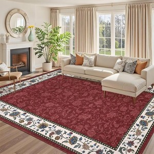 TackView Floral Washable Rug for Living Room Bedroom Vintage Soft Large Floor Carpet for Dining Room Geometric Bordered Floor Cover - 1 of 4