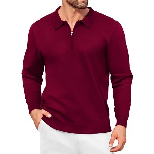 COOFANDY Mens Knit Polo Shirt Quarter Zip Slim Fit Pullover Long