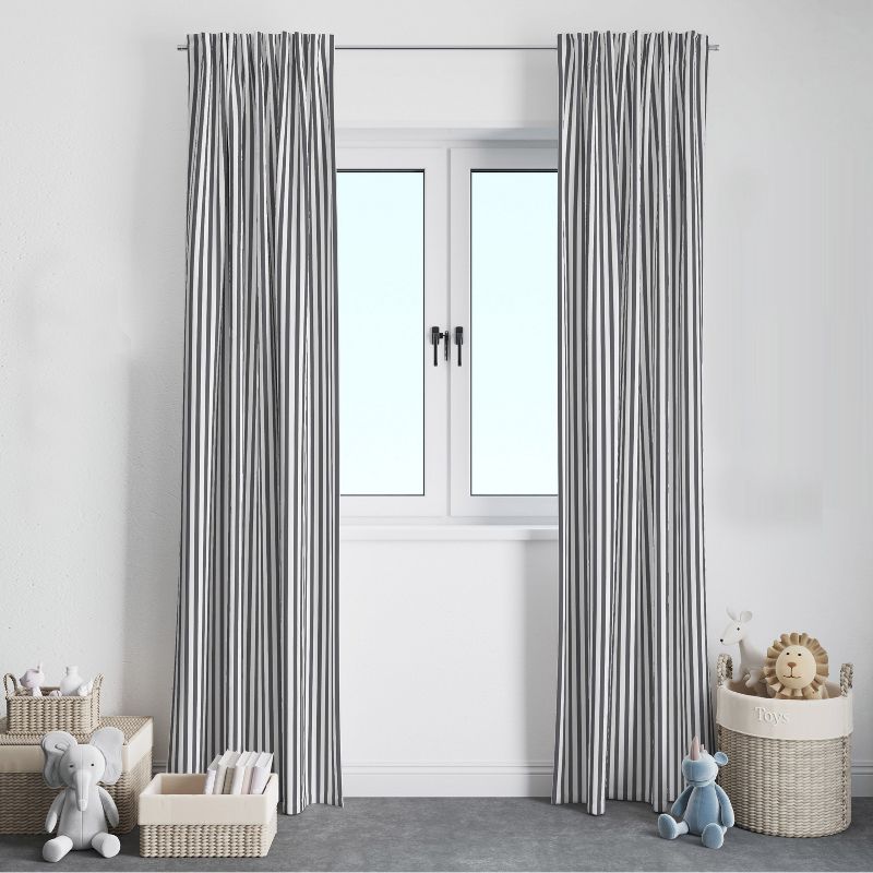 Bacati - Pin Stripes Gray Cotton Printed Single Window Curtain Panel, 3 of 5