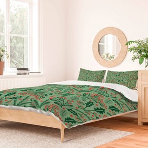 Deny Designs King Carriecantwell Winter Holiday Floral Duvet Cover and Pillow Sham Green - 1 of 4