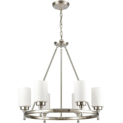 Modern Satin Nickel 6-Light Chandelier with Opal White Glass