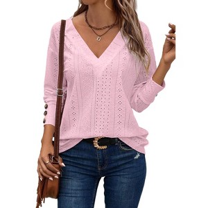 Women's Blouse V-Neck Top Long Sleeve Button Cuff Casual Blouse Hollow Out Shirt - 1 of 4