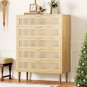 5 Drawer Dresser, 44'' Tall Narrow Chest of Drawer, Farmhouse Wooden Vertical Dresser with Metal Legs and Handles, Modern Cabinet - 1 of 4