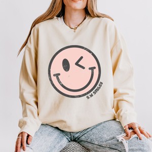 Simply Sage Market S.W.Smiley Pink Smiley Face Grunge Lightweight Garment Dyed Sweatshirt - 1 of 4