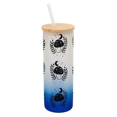 Elanze Designs Woodland Moonlit Mushroom Flowers Wrap-Around Design 25 Ounce Frosted Gradient Glass On-The-Go Coffee Travel Skinny Tumbler Mug Cup,