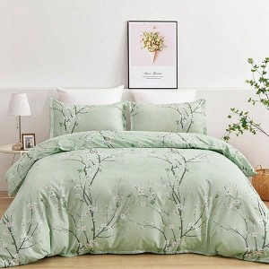 Sage Green Floral Duvet Cover Set Queen, 3 Pieces with 2 Pillow Shams, Botanical Branch Print - 1 of 4