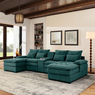 GDFStudio Arthur 130" Modern Linen Upholstered U-Chaise Sofa with Cup Holders and Storage