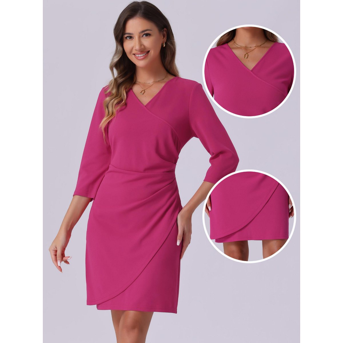 Женские платья INSPIRE CHIC Women's 3/4 Sleeve Ruched V Neck Wedding Guest Casual Elegant Dress Hot Pink Small — фото 2