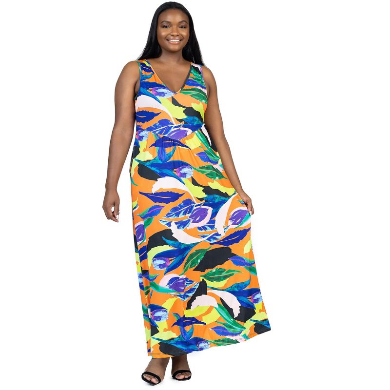 24seven Comfort Apparel Multicolor Floral Sleeveless V Neck Plus Size Maxi Dress With Pockets, 5 of 7