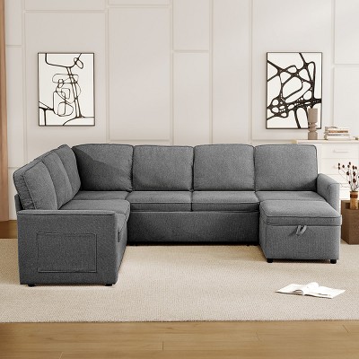 Vipbear 101'' Large Premium Modern Linen U Shaped Sofa Bed 7 Seat with Pull Out Bed,Oversized Convertible Couch with Storage Ottoman,Gray/Green/Beige