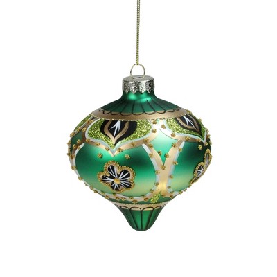 Northlight 4.5" Green Gold Black Floral Bead and Jewel Glass Onion Christmas Ornament