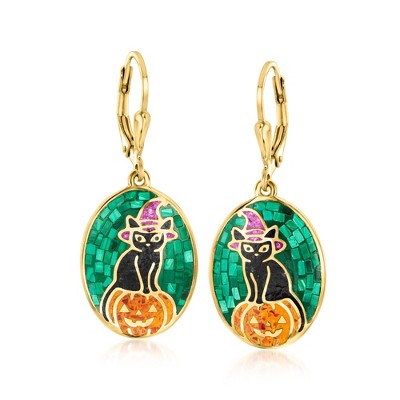 Ross-Simons Multi-Gemstone Halloween Cat and Pumpkin Mosaic Drop Earrings in 18kt Gold Over Sterling