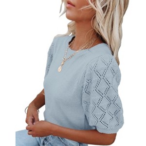 Women's Round Neck Short Sleeve Sweater Summer Casual Puff Sleeve Pullover Knit Top - 1 of 4