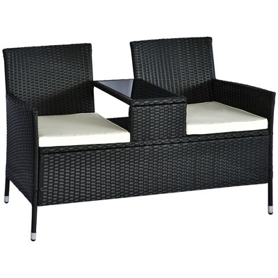 Outsunny Patio Wicker Conversation Furniture Set, Outdoor Garden Rattan 2-Seater Chair, Modern Loveseat w/ Cushions & Tempered Glass Top Coffee Table