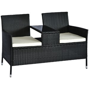 Outsunny Patio Wicker Conversation Furniture Set, Outdoor Garden Rattan 2-Seater Chair, Modern Loveseat w/ Cushions & Tempered Glass Top Coffee Table - 1 of 4