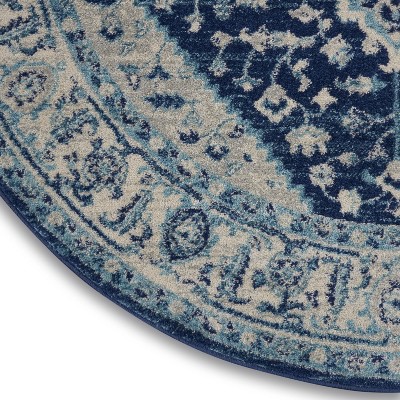 Ivory & Navy Vintage Kashan Round Area Rug, 5'3" Easy-Care Viscose