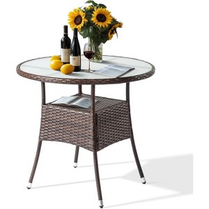 VINGLI 32" Outdoor Dining Table, Wicker Round Patio Table Tempered Glass Patio Dining Table Outdoor Table for Balcony Garden Deck and Porch - 1 of 4