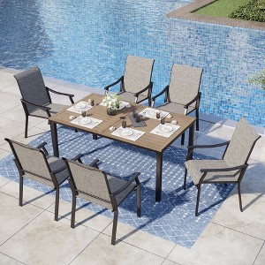 Captiva Designs 7pc Outdoor Dining Steel Table with Umbrella Hole & Brown Textilene Arm Chairs - 1 of 4