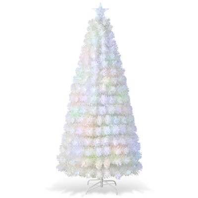 Tangkula 5/6/7FT Pre-lit Fiber Optic Christmas Tree White Snow-Flocked Artificial Xmas Tree with 170/220/270 Branch Tips