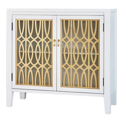 1 Shelf Accent Cabinet with Fretwork Design Front White/Gold - Benzara