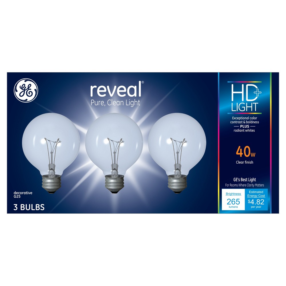 GE Lighting Reveal Decorative G25 HD+ 40W Clear Finish 265 Lumens 3 Pack