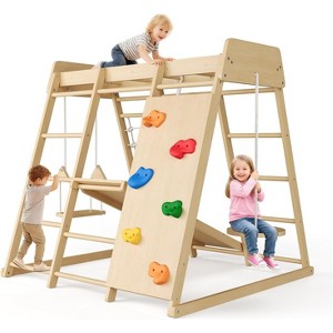 Wooden Climber for Kids, Indoor Playground Jungle Gym Set with Slide, Rock Wall, Monkey Bars & Climbing Net, Montessori Toys for Toddlers - 1 of 4