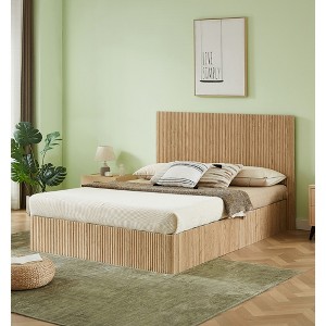 Queen Size Lift Up Storage Bed with Wooden Corrugated Curved Lines - 1 of 4