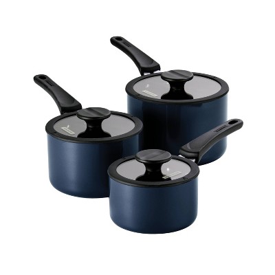 Tramontina 6pc Aluminum Non-Stick Nesting Cookware Set Navy: Saucepan Set with Lids, Porcelain Enamel, Oven & Dishwasher Safe