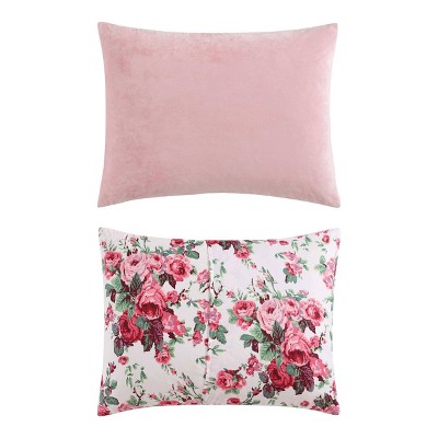 Twin Pink Velvet Reversible Comforter Set with Floral Design
