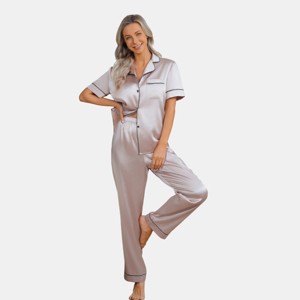 Women's Satin Short Sleeve Button Front Down Shirt & Pants Pajama Sets - Cupshe - 1 of 4