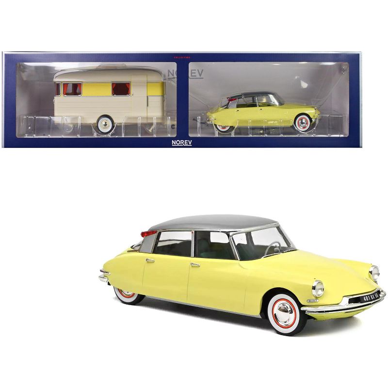 1960 Citroen DS 19 Jonquille Yellow with Silver Top and Caravan Digue Panoramic Trailer Beige 1/18 Diecast Model Car by Norev, 1 of 6