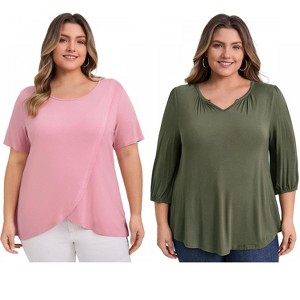 GRACE & GRANDEUR Women's Plus Size 2 Pcs Set Notch Neck 3/4 Sleeve Shirts and Crossover Tulip Hem Blouses - 1 of 4