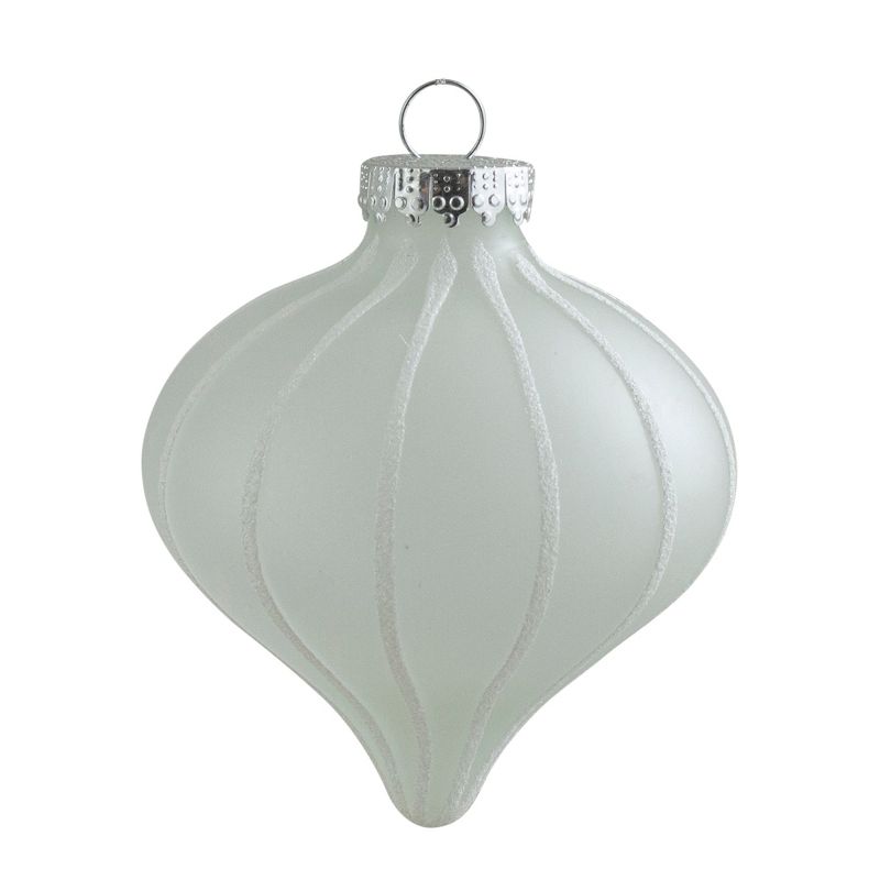 Northlight 3ct Clear and White Matte Frosted Glitter Stripes Glass Christmas Onion Drop Ornaments 3.25" (75mm), 2 of 4