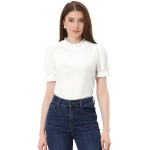 INSPIRE CHIC Women's Short Sleeve Velvet Keyhole Back Ruffle Mock Neck Shirt - 1 of 4