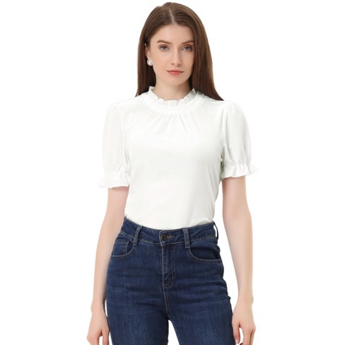 Women's Short Sleeve Frilled Shirt in White