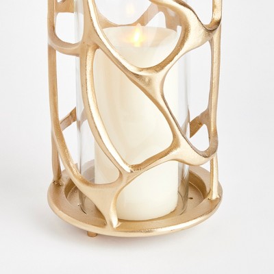 Gold Aluminum and Glass Hurricane Candle Holder