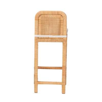 Natural Brown Rattan and Mahogany Wood Bar Stool with White Cushion