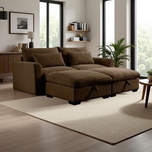 86.6" Corduroy Cloud Sectional Sofa Bed with Deep Seat & 2 Storage Ottomans - 1 of 4