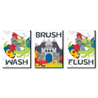 Big Dot of Happiness Calling All Knights and Dragons - Medieval Kids Bathroom Rules Wall Art - 7.5 x 10 inches - Set of 3 Signs - Wash, Brush, Flush