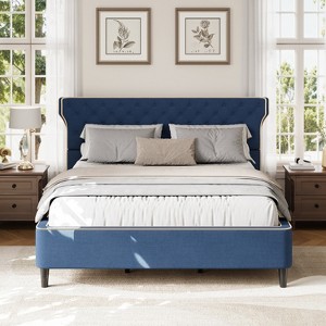 Queen/King Size Upholstered Platform Bed Frame with Curved Back Headboard, Button Tufted Design & Piping, Modern Classic - ModernLuxe - 1 of 4