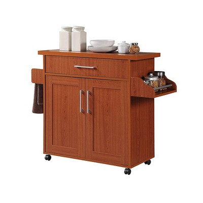 Hodedah Wheeled Kitchen Island Cart with Spice Rack and Towel Holder, Cherry