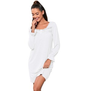 Clearlove Nightgowns for Women Lace Square Neck Button Down Ruffle Sleepwear Long Puff Sleeves House Dress - 1 of 4