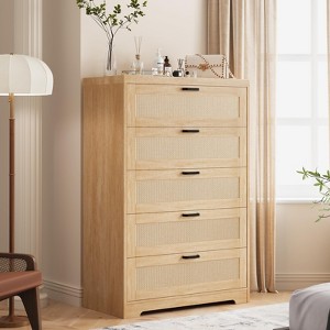 Rattan 5 Drawer Dresser Tall with Charging Station, Natural 5 Chest of Drawers Organizer Nightstand with Power Outlet for Bedroom Living Room Nursery - 1 of 4