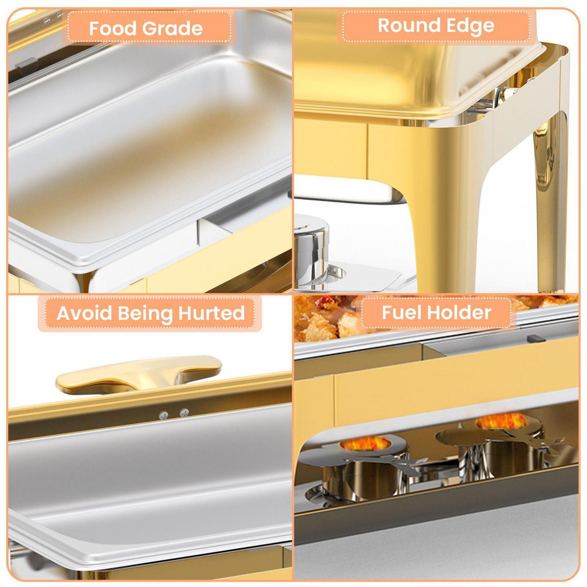 Garvee 9QT Rectangle Stainless Steel Chafing Dish, Catering Food Warmer Server with Visible Lid Water Pan Stand Fuel Holder Clip for Parties Weddings - thumbnail 7
