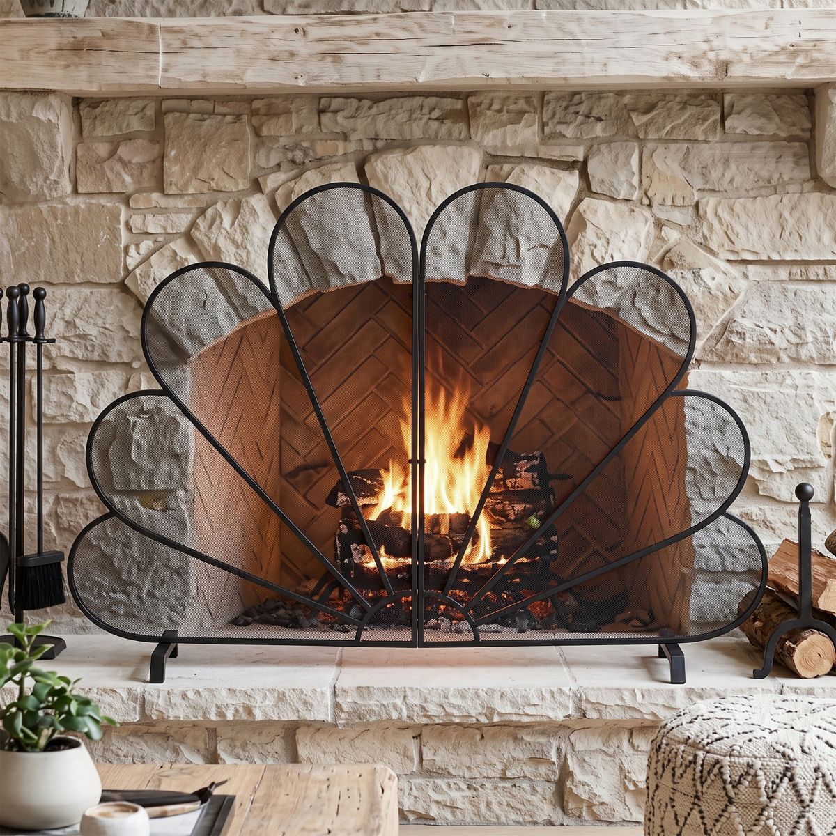 Christopher Knight Home Joren Modern Iron Freestanding Fireplace Screen with Fan‑Shaped Peacock Design